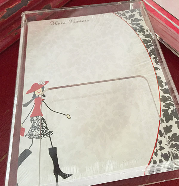 Cute French Girl Walking Note Paper in Acrylic HOlder