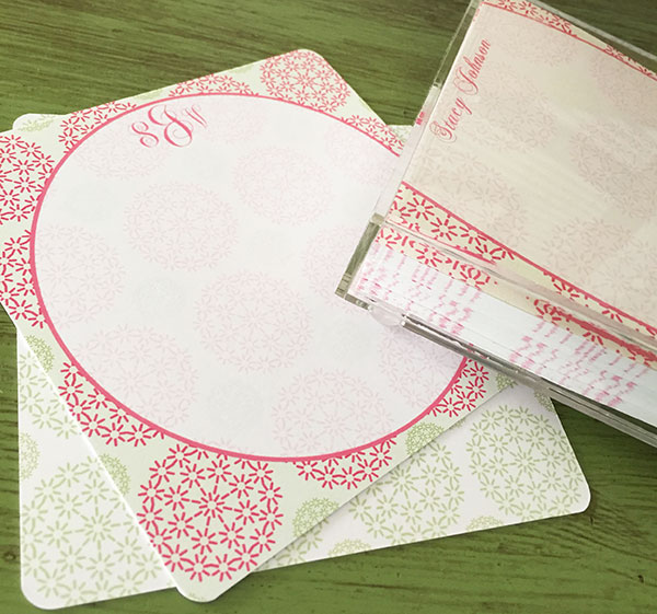 Preppy Pink and Green Square Notes with Matching Note Paper in Acrylic Holder