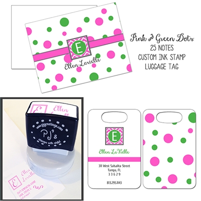 Pink Polka Dot Stationery, Stamp and Bag Tag Gift Basket