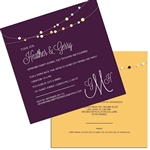 Eggplant and mustard wedding invite with hanging lights